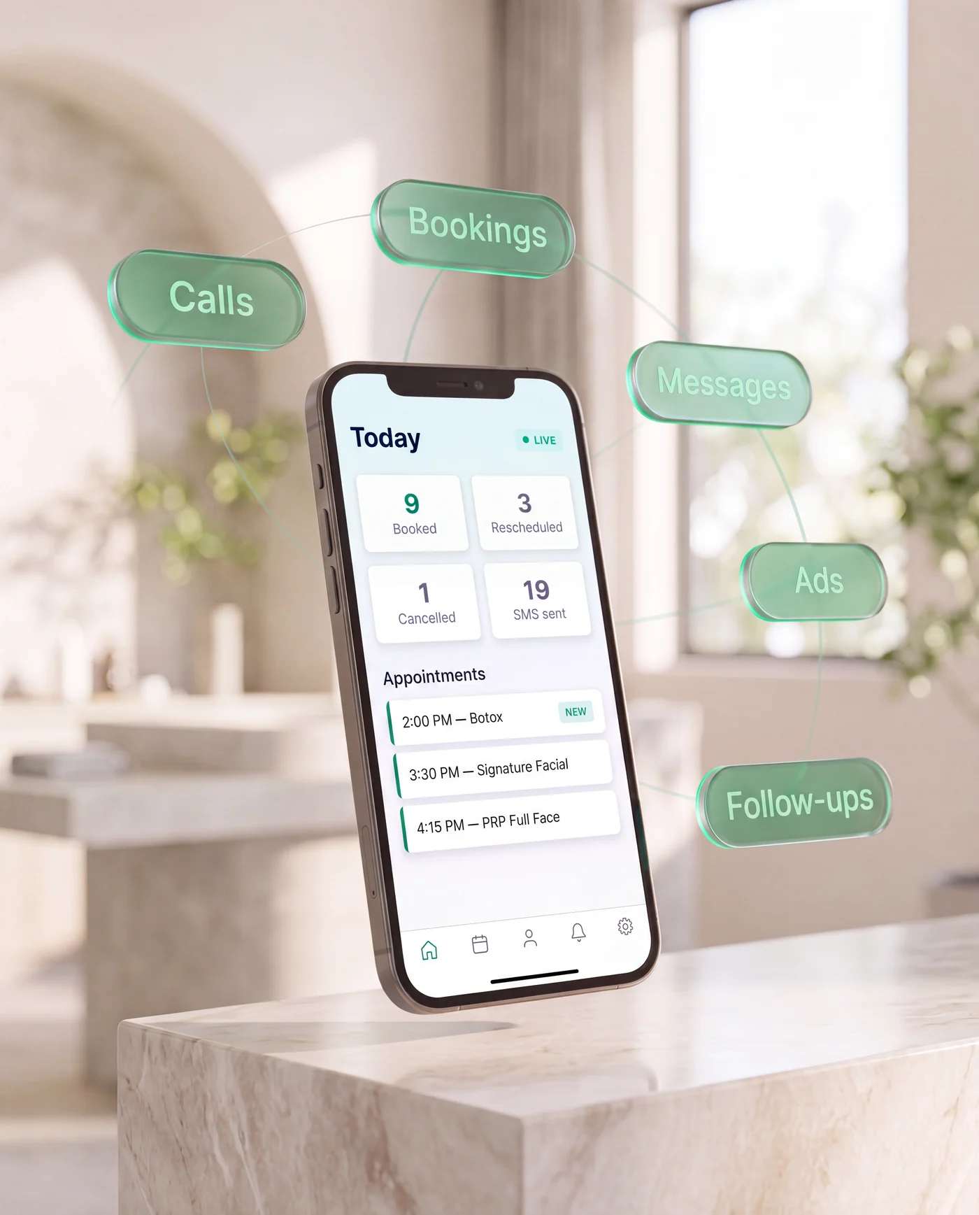 A phone running the DaiZ dashboard with Calls, Bookings, Messages, Ads and Follow-ups orbiting around it